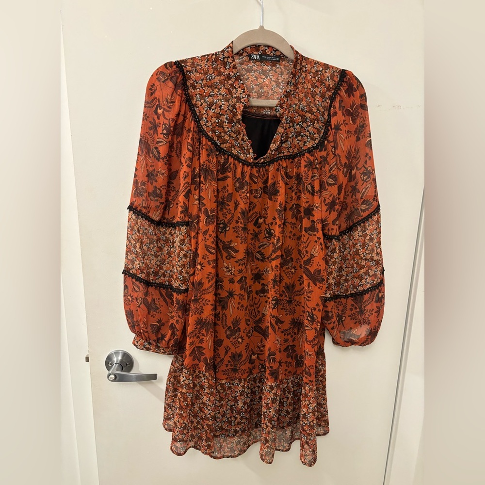Zara floral red/orange chiffon dress (size XS)